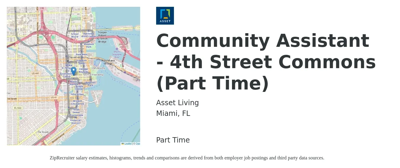 Asset Living job posting for a Community Assistant - 4th Street Commons (Part Time) in Miami, FL with a salary of $15 to $20 Hourly with a map of Miami location.