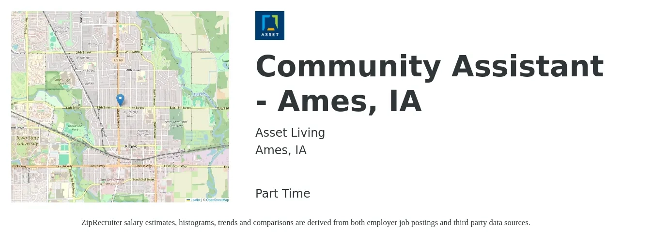 Asset Living job posting for a Community Assistant - Ames, IA in Ames, IA with a salary of $16 to $20 Hourly with a map of Ames location.
