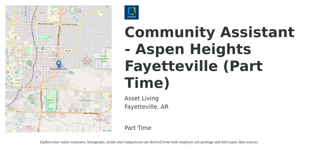 Asset Living job posting for a Community Assistant - Aspen Heights Fayetteville (Part Time) in Fayetteville, AR with a salary of $15 to $20 Hourly with a map of Fayetteville location.