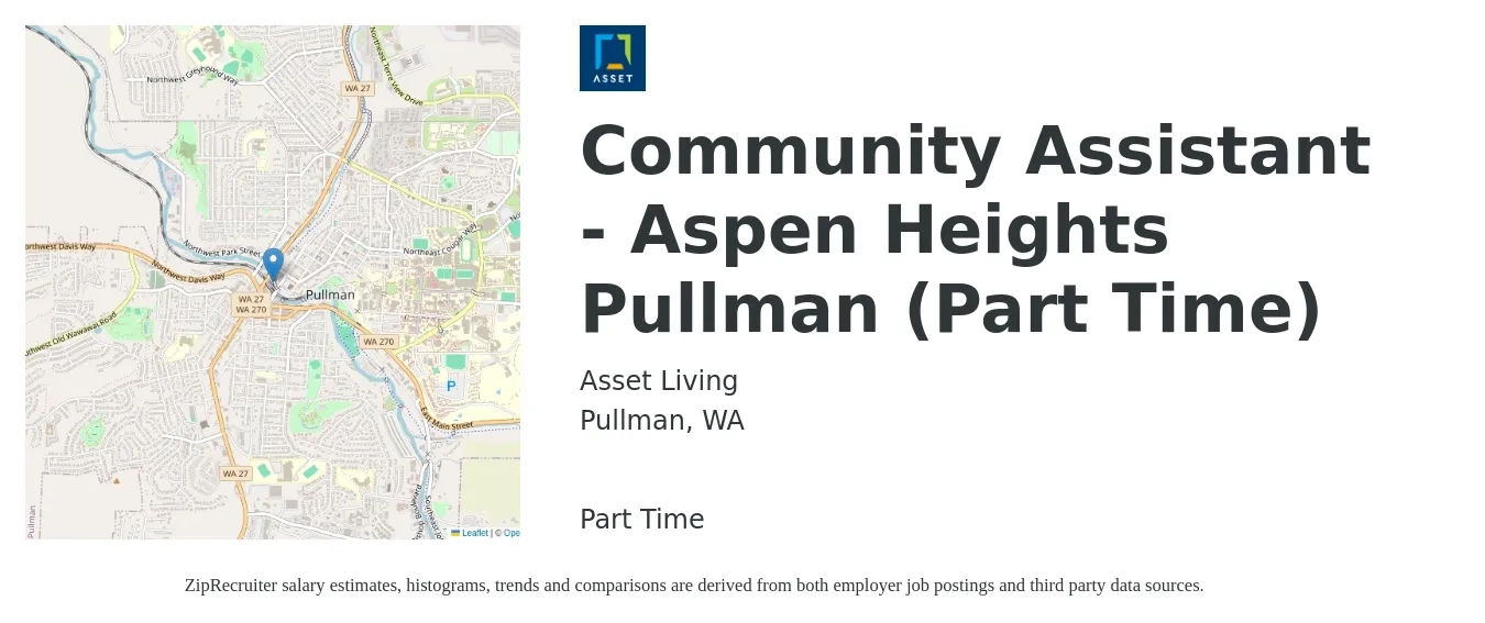Asset Living job posting for a Community Assistant - Aspen Heights Pullman (Part Time) in Pullman, WA with a salary of $16 to $20 Hourly with a map of Pullman location.