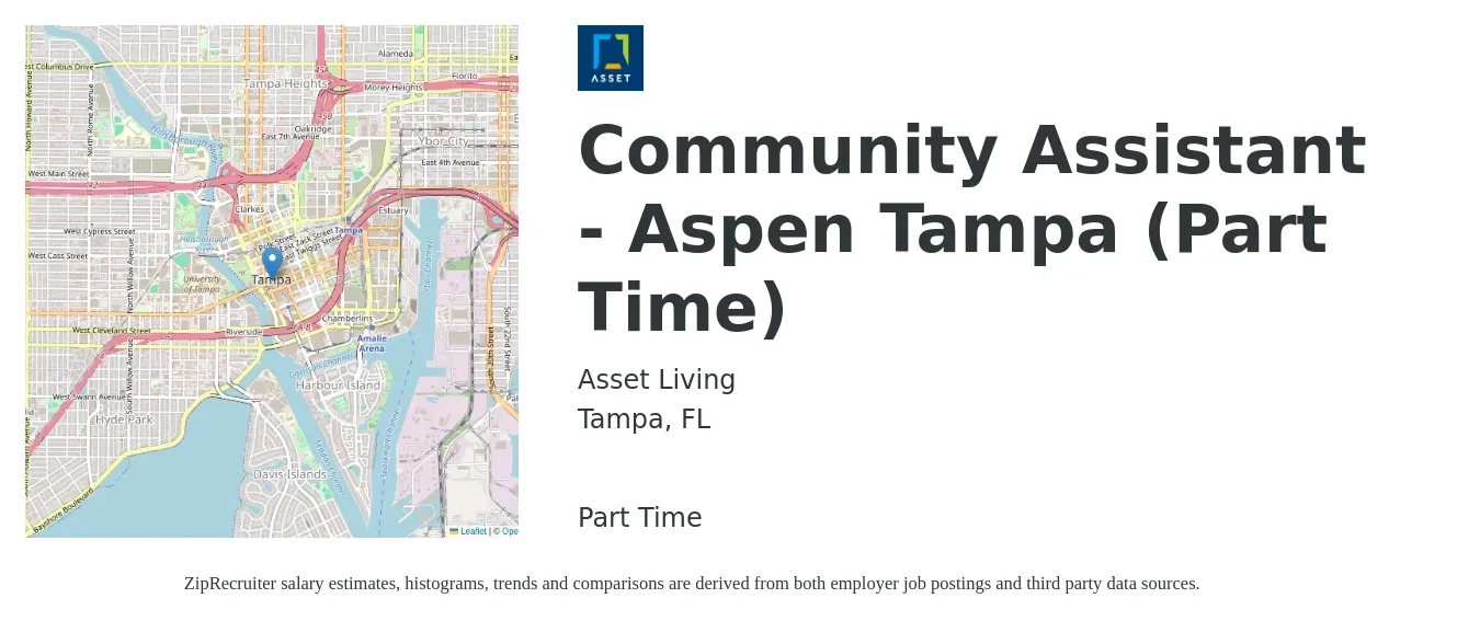 Asset Living job posting for a Community Assistant - Aspen Tampa (Part Time) in Tampa, FL with a salary of $15 to $19 Hourly with a map of Tampa location.