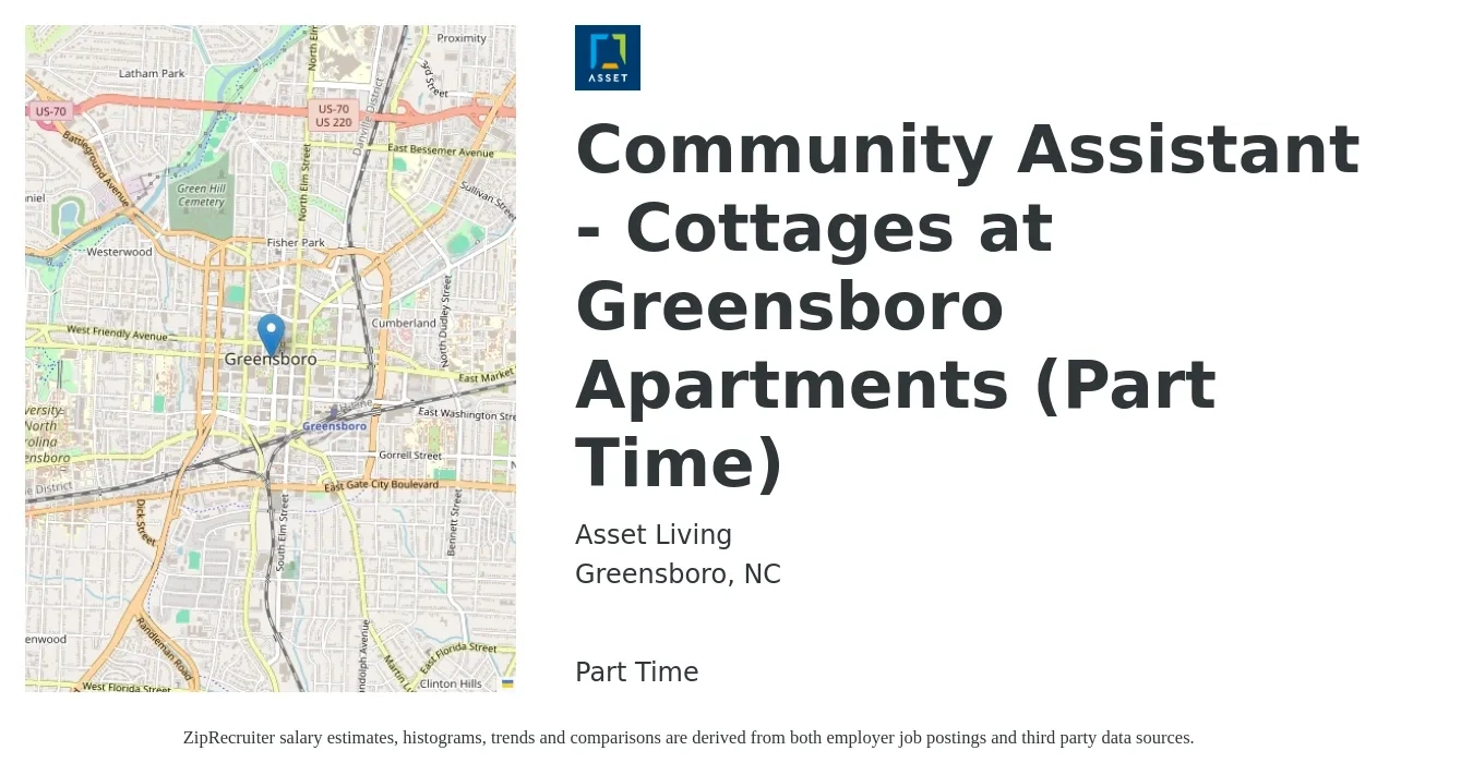 Asset Living job posting for a Community Assistant - Cottages at Greensboro Apartments (Part Time) in Greensboro, NC with a salary of $16 to $20 Hourly with a map of Greensboro location.