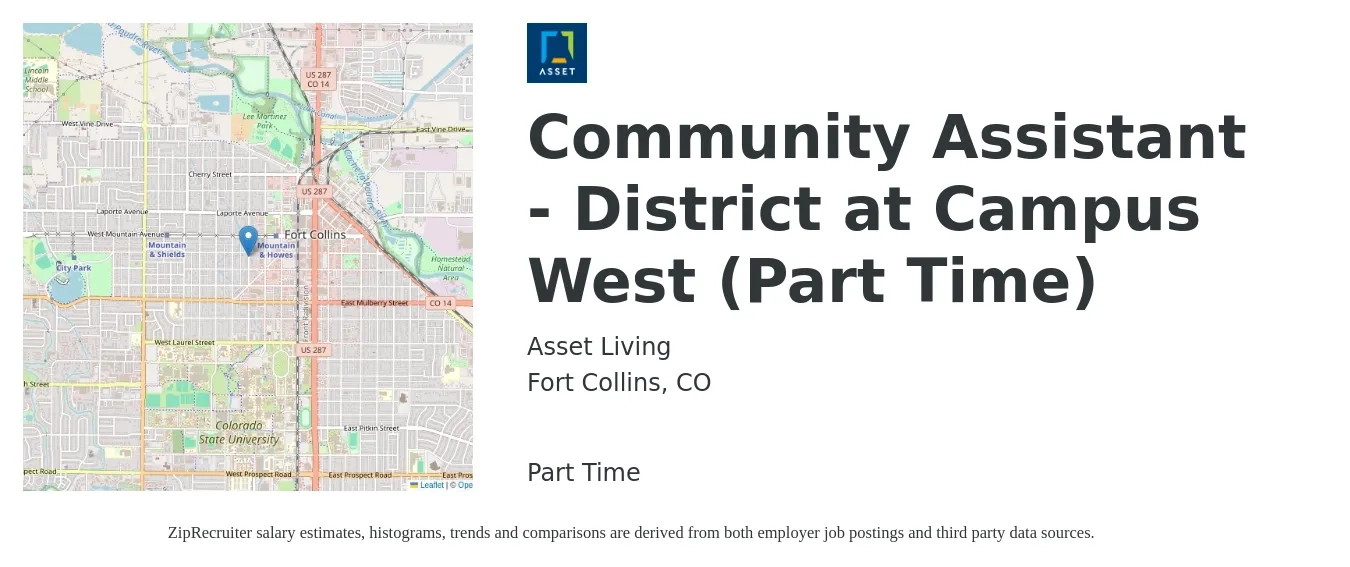 Asset Living job posting for a Community Assistant - District at Campus West (Part Time) in Fort Collins, CO with a salary of $16 to $20 Hourly with a map of Fort Collins location.