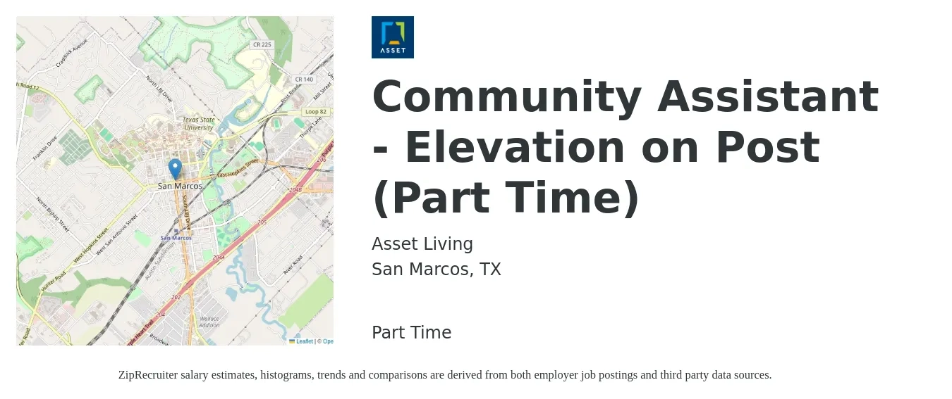 Asset Living job posting for a Community Assistant - Elevation on Post (Part Time) in San Marcos, TX with a salary of $14 to $18 Hourly with a map of San Marcos location.