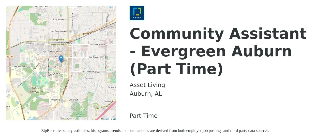 Asset Living job posting for a Community Assistant - Evergreen Auburn (Part Time) in Auburn, AL with a salary of $13 to $17 Hourly with a map of Auburn location.