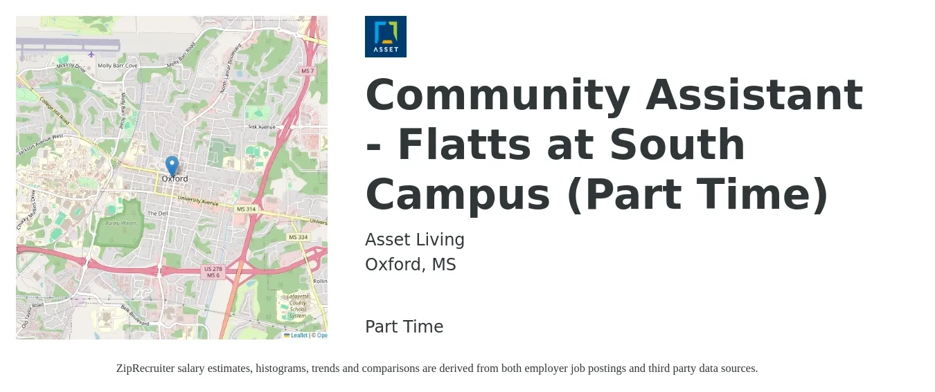 Asset Living job posting for a Community Assistant - Flatts at South Campus (Part Time) in Oxford, MS with a salary of $15 to $19 Hourly with a map of Oxford location.
