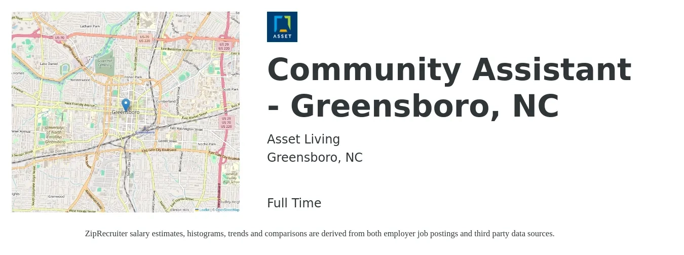 Asset Living job posting for a Community Assistant - Greensboro, NC in Greensboro, NC with a salary of $16 to $20 Hourly with a map of Greensboro location.