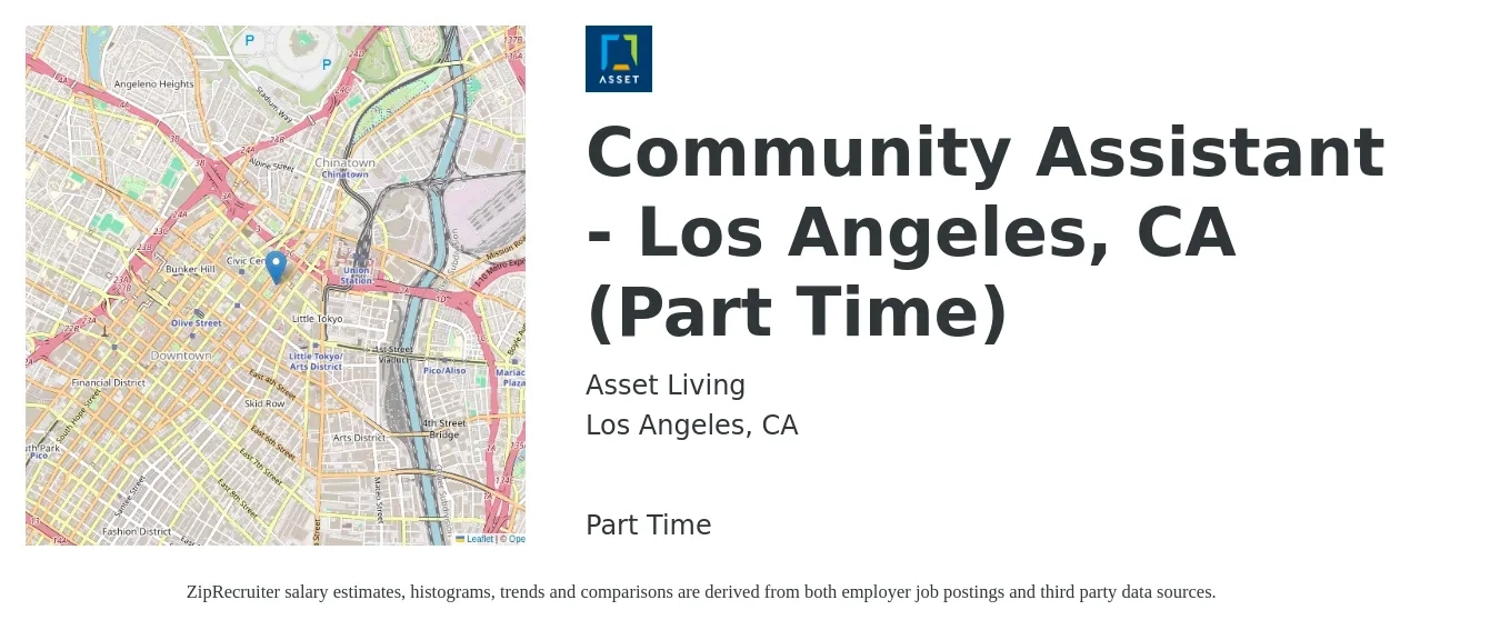 Asset Living job posting for a Community Assistant - Los Angeles, CA (Part Time) in Los Angeles, CA with a salary of $17 to $22 Hourly with a map of Los Angeles location.