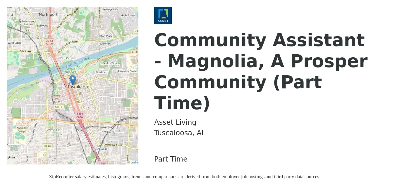 Asset Living job posting for a Community Assistant - Magnolia, A Prosper Community (Part Time) in Tuscaloosa, AL with a salary of $15 to $19 Hourly with a map of Tuscaloosa location.