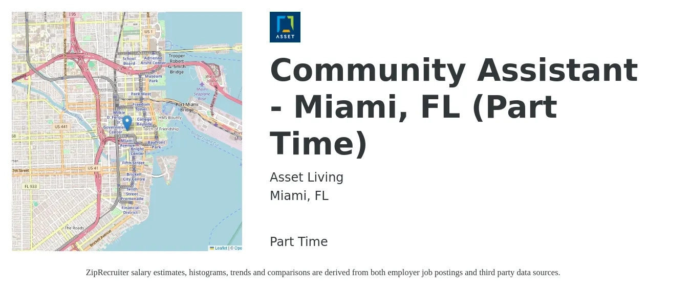 Asset Living job posting for a Community Assistant - Miami, FL (Part Time) in Miami, FL with a salary of $15 to $20 Hourly with a map of Miami location.