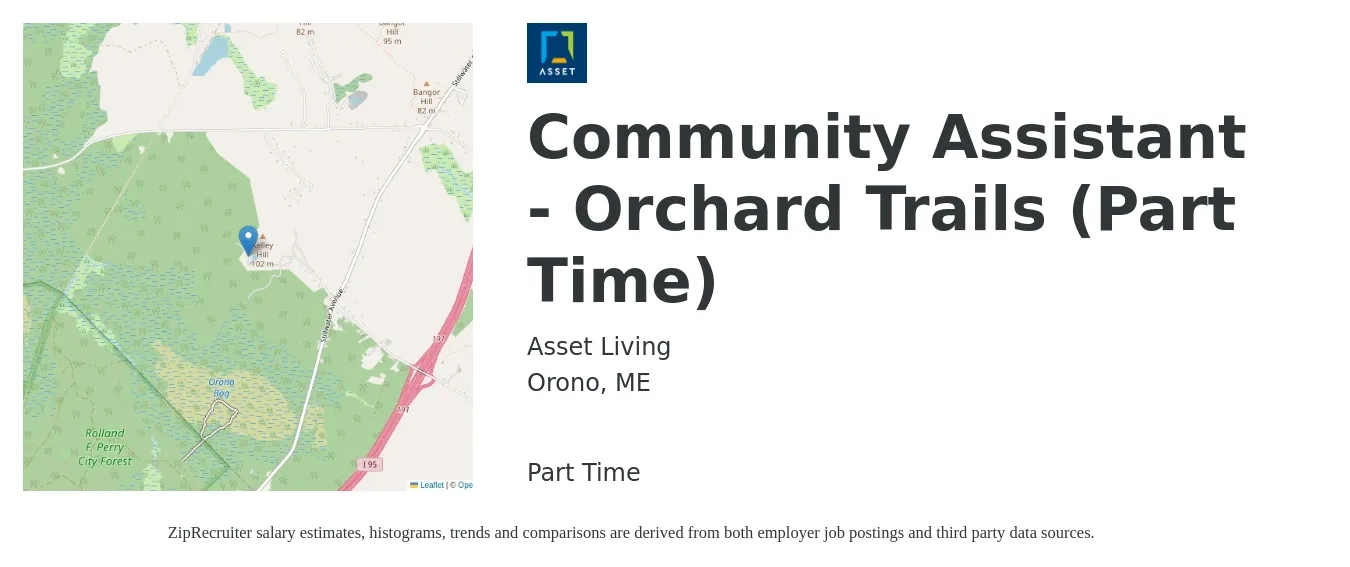 Asset Living job posting for a Community Assistant - Orchard Trails (Part Time) in Orono, ME with a salary of $17 to $22 Hourly with a map of Orono location.