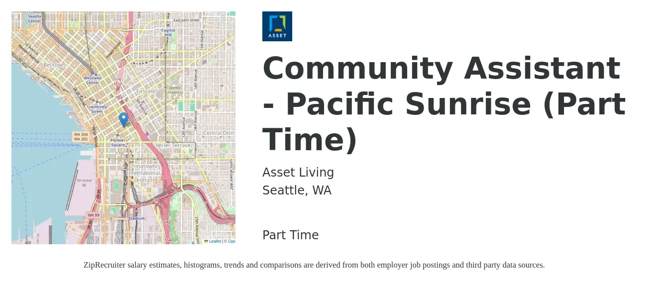 Asset Living job posting for a Community Assistant - Pacific Sunrise (Part Time) in Seattle, WA with a salary of $18 to $23 Hourly with a map of Seattle location.