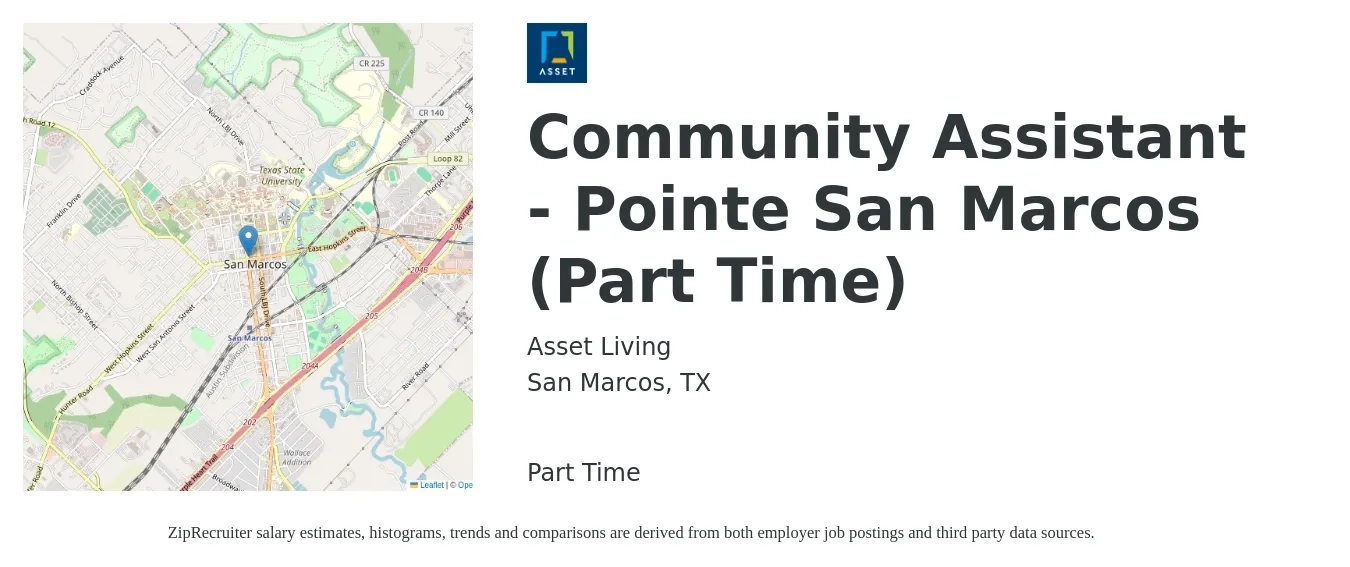 Asset Living job posting for a Community Assistant - Pointe San Marcos (Part Time) in San Marcos, TX with a salary of $14 to $18 Hourly with a map of San Marcos location.