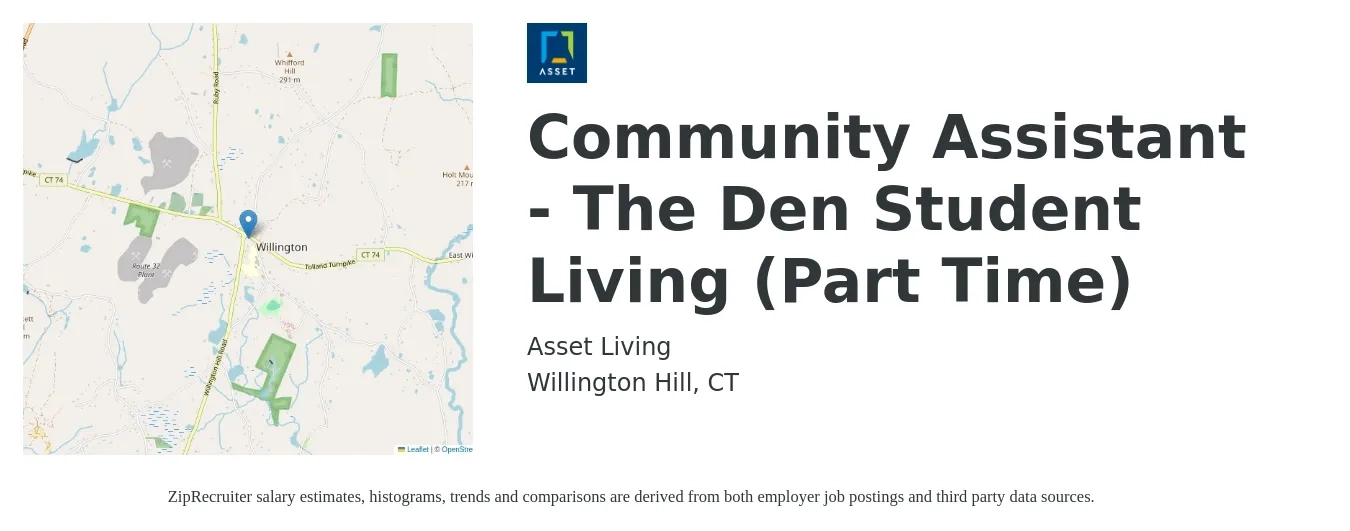 Asset Living job posting for a Community Assistant - The Den Student Living (Part Time) in Willington Hill, CT with a salary of $16 to $20 Hourly with a map of Willington Hill location.
