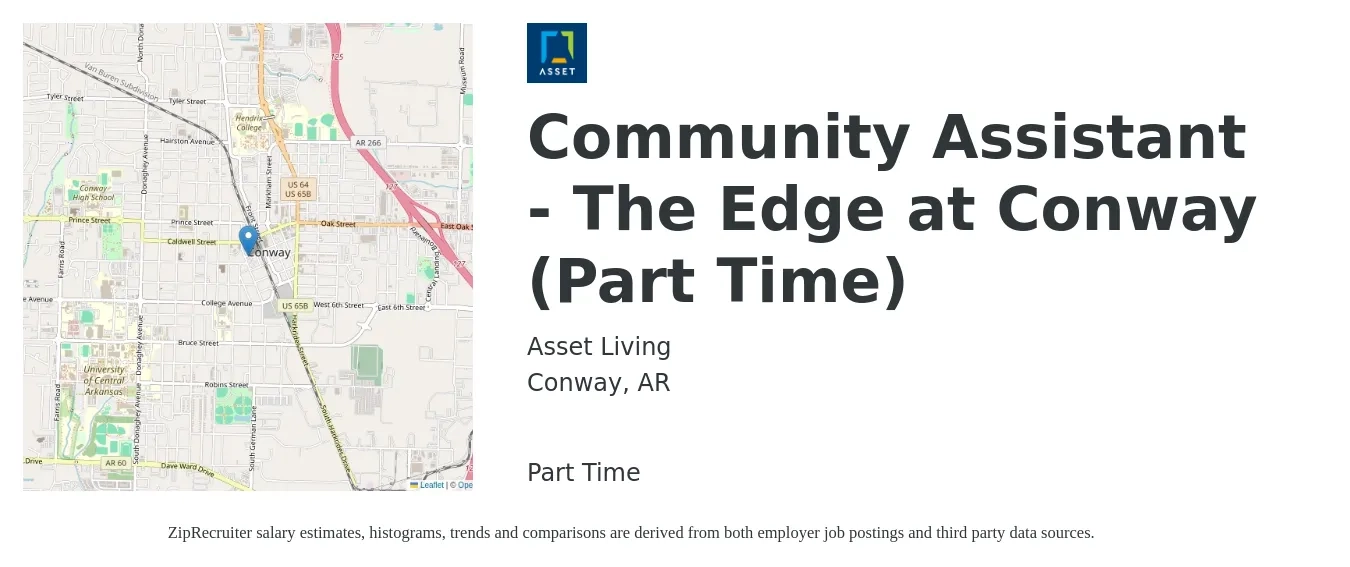 Asset Living job posting for a Community Assistant - The Edge at Conway (Part Time) in Conway, AR with a salary of $14 to $18 Hourly with a map of Conway location.