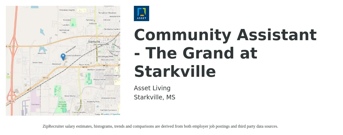Asset Living job posting for a Community Assistant - The Grand at Starkville in Starkville, MS with a salary of $14 to $18 Hourly with a map of Starkville location.