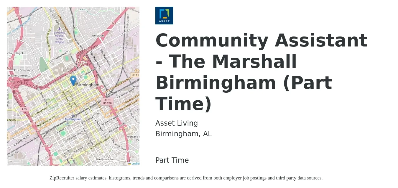 Asset Living job posting for a Community Assistant - The Marshall Birmingham (Part Time) in Birmingham, AL with a salary of $15 to $19 Hourly with a map of Birmingham location.