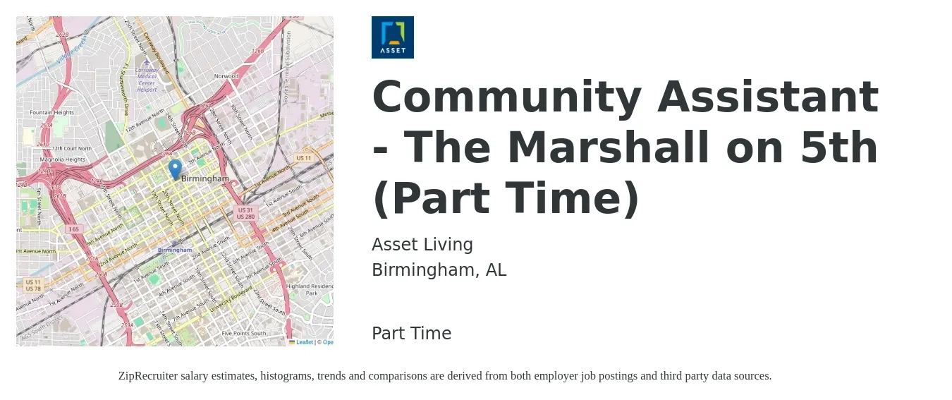 Asset Living job posting for a Community Assistant - The Marshall on 5th (Part Time) in Birmingham, AL with a salary of $15 to $19 Hourly with a map of Birmingham location.
