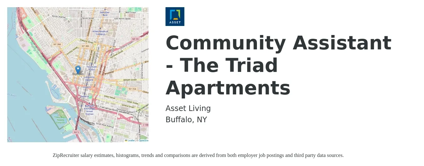 Asset Living job posting for a Community Assistant - The Triad Apartments in Buffalo, NY with a salary of $16 to $20 Hourly with a map of Buffalo location.
