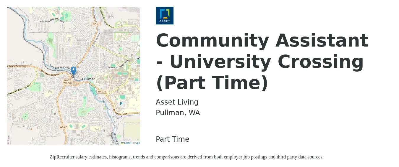 Asset Living job posting for a Community Assistant - University Crossing (Part Time) in Pullman, WA with a salary of $16 to $20 Hourly with a map of Pullman location.
