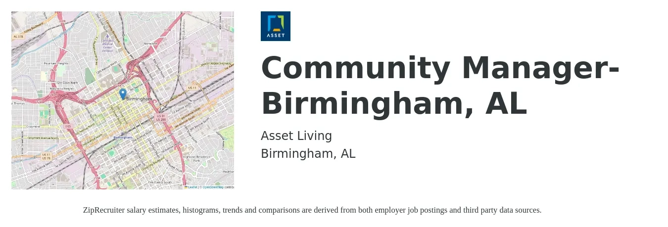 Asset Living job posting for a Community Manager - Birmingham, AL in Birmingham, AL with a salary of $44,000 to $62,800 Yearly with a map of Birmingham location.