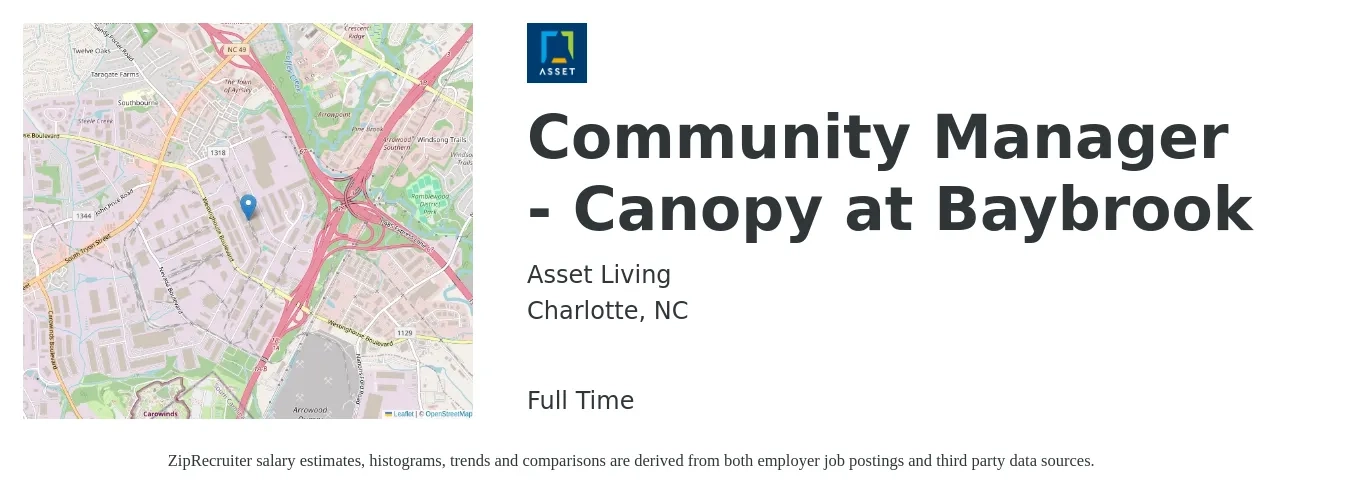 Asset Living job posting for a Community Manager - Canopy at Baybrook in Charlotte, NC with a salary of $45,900 to $65,400 Yearly with a map of Charlotte location.