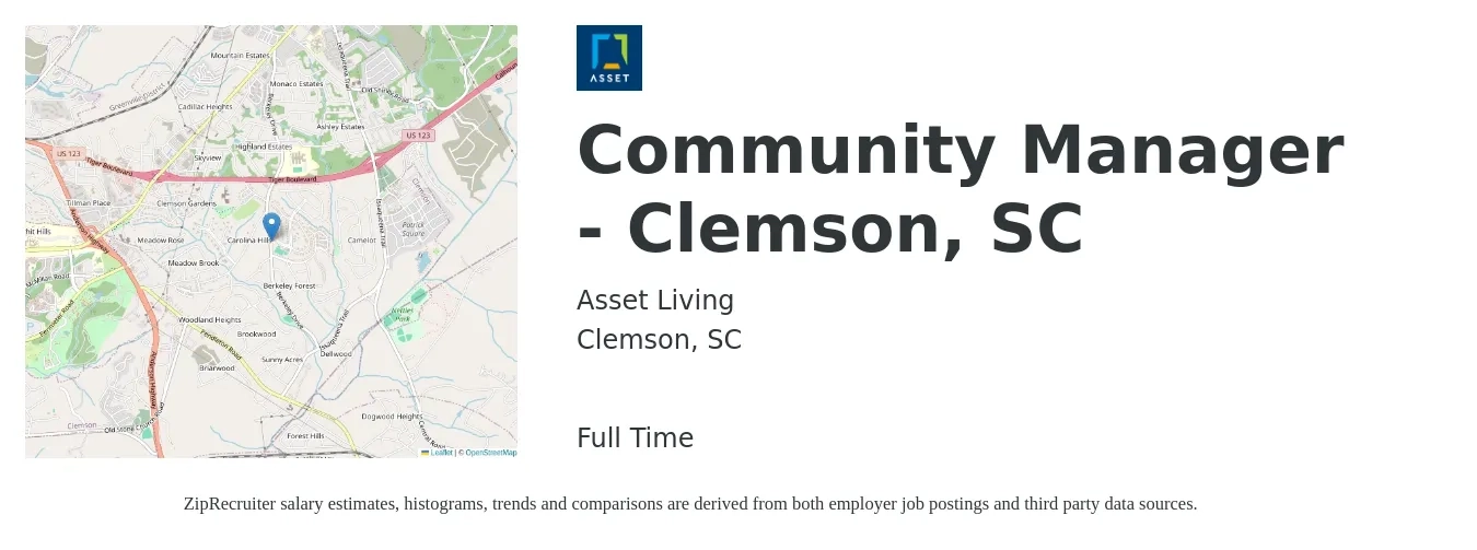 Asset Living job posting for a Community Manager - Clemson, SC in Clemson, SC with a salary of $39,800 to $56,800 Yearly with a map of Clemson location.