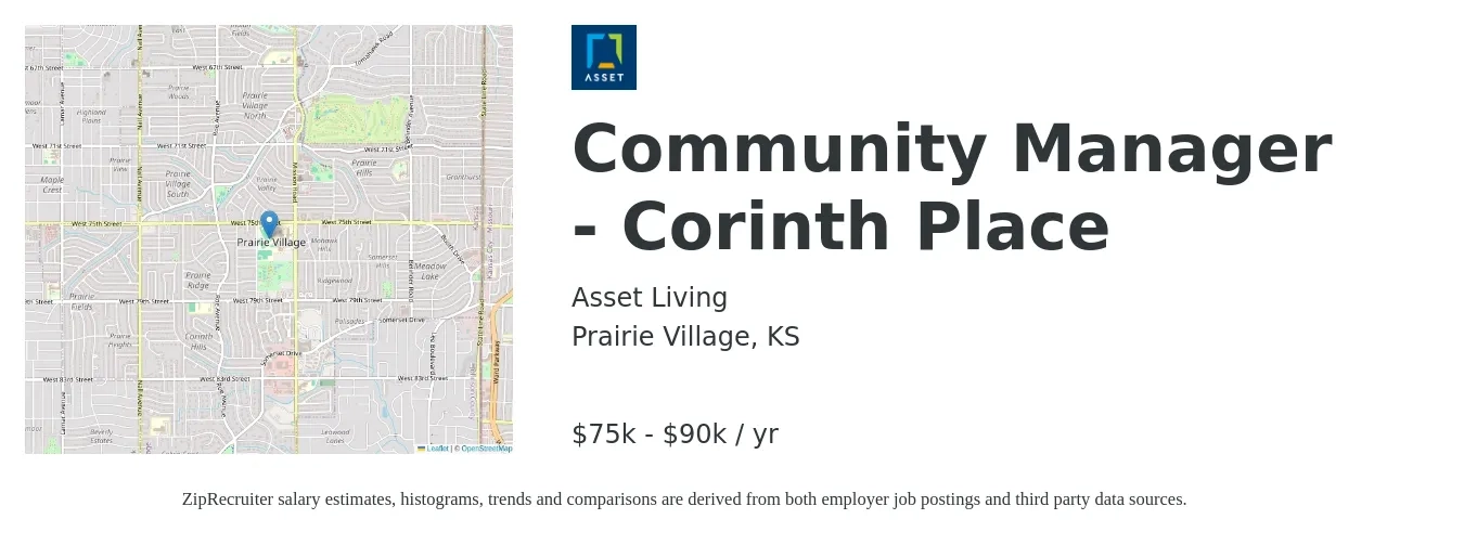 Asset Living job posting for a Community Manager - Corinth Place in Prairie Village, KS with a salary of $75,000 to $90,000 Yearly with a map of Prairie Village location.