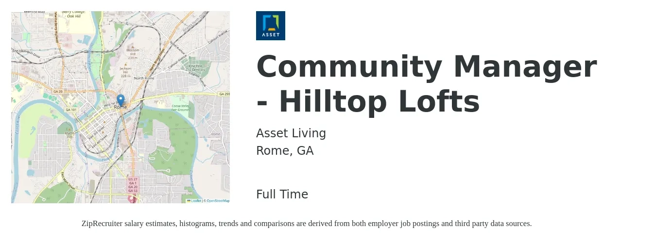 Asset Living job posting for a Community Manager - Hilltop Lofts in Rome, GA with a salary of $47,000 to $67,000 Yearly with a map of Rome location.