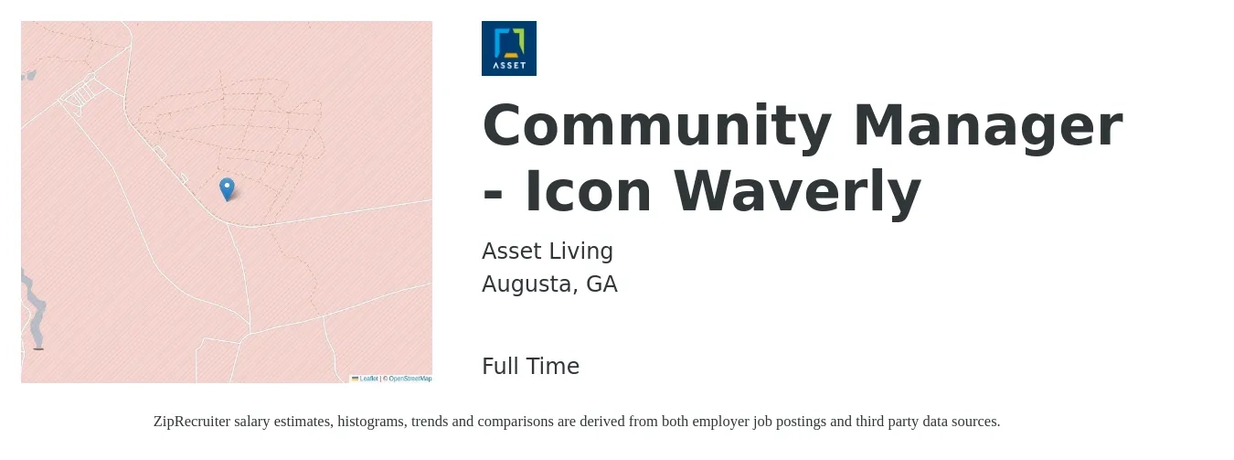 Asset Living job posting for a Community Manager - Icon Waverly in Augusta, GA with a salary of $44,200 to $63,000 Yearly with a map of Augusta location.