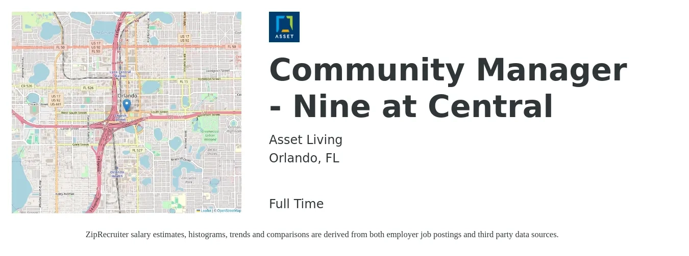 Asset Living job posting for a Community Manager - Nine at Central in Orlando, FL with a salary of $43,900 to $62,500 Yearly with a map of Orlando location.