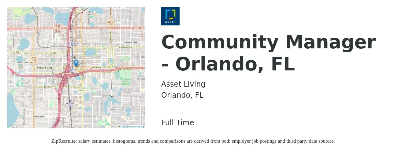 Asset Living job posting for a Community Manager - Orlando, FL in Orlando, FL with a salary of $43,900 to $62,500 Yearly with a map of Orlando location.