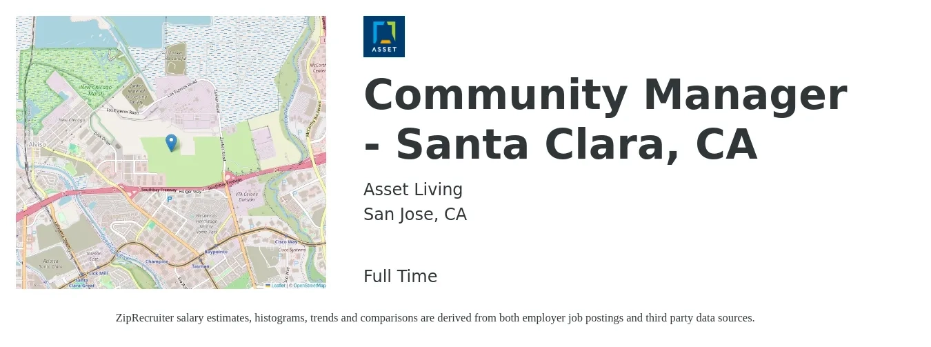 Asset Living job posting for a Community Manager - Santa Clara, CA in San Jose, CA with a salary of $55,100 to $78,500 Yearly with a map of San Jose location.