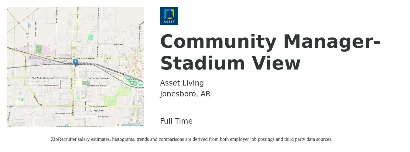 Asset Living job posting for a Community Manager- Stadium View in Jonesboro, AR with a salary of $46,900 to $66,900 Yearly with a map of Jonesboro location.
