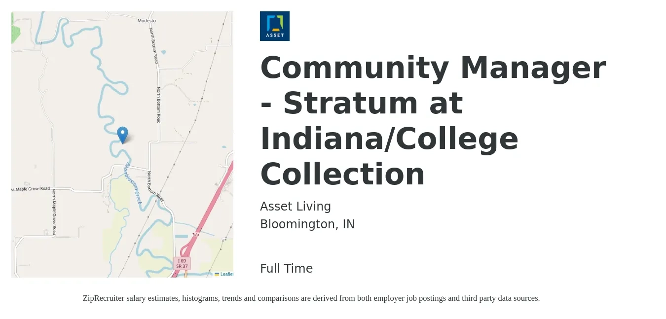 Asset Living job posting for a Community Manager - Stratum at Indiana/College Collection in Bloomington, IN with a salary of $43,500 to $62,000 Yearly with a map of Bloomington location.