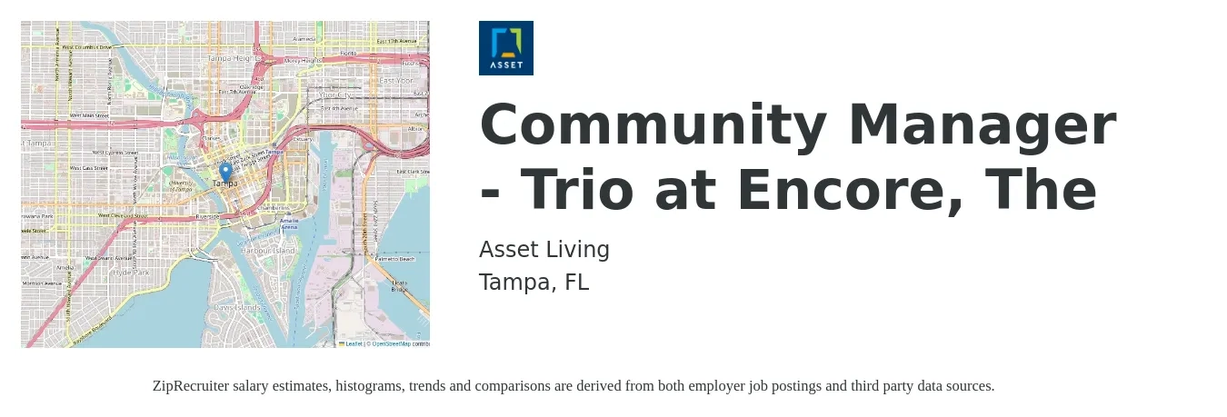 Asset Living job posting for a Community Manager - Trio at Encore, The in Tampa, FL with a salary of $44,400 to $63,300 Yearly with a map of Tampa location.