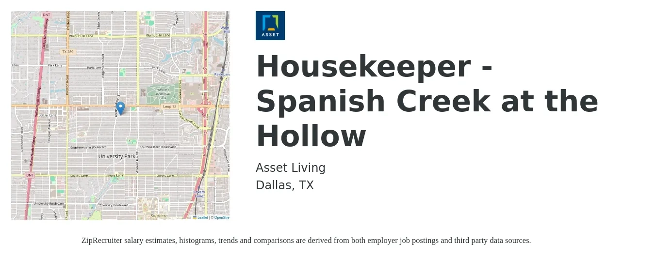 Asset Living job posting for a Housekeeper - Spanish Creek at the Hollow in Dallas, TX with a salary of $14 to $18 Hourly with a map of Dallas location.