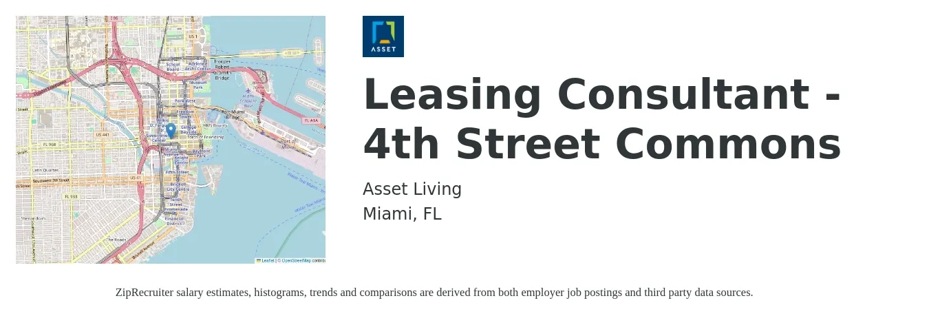 Asset Living job posting for a Leasing Consultant - 4th Street Commons in Miami, FL with a salary of $16 to $19 Hourly with a map of Miami location.