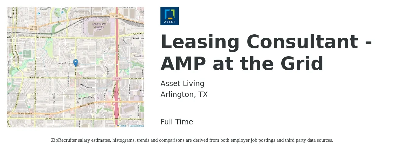 Asset Living job posting for a Leasing Consultant - AMP at the Grid in Arlington, TX with a salary of $15 to $18 Hourly with a map of Arlington location.