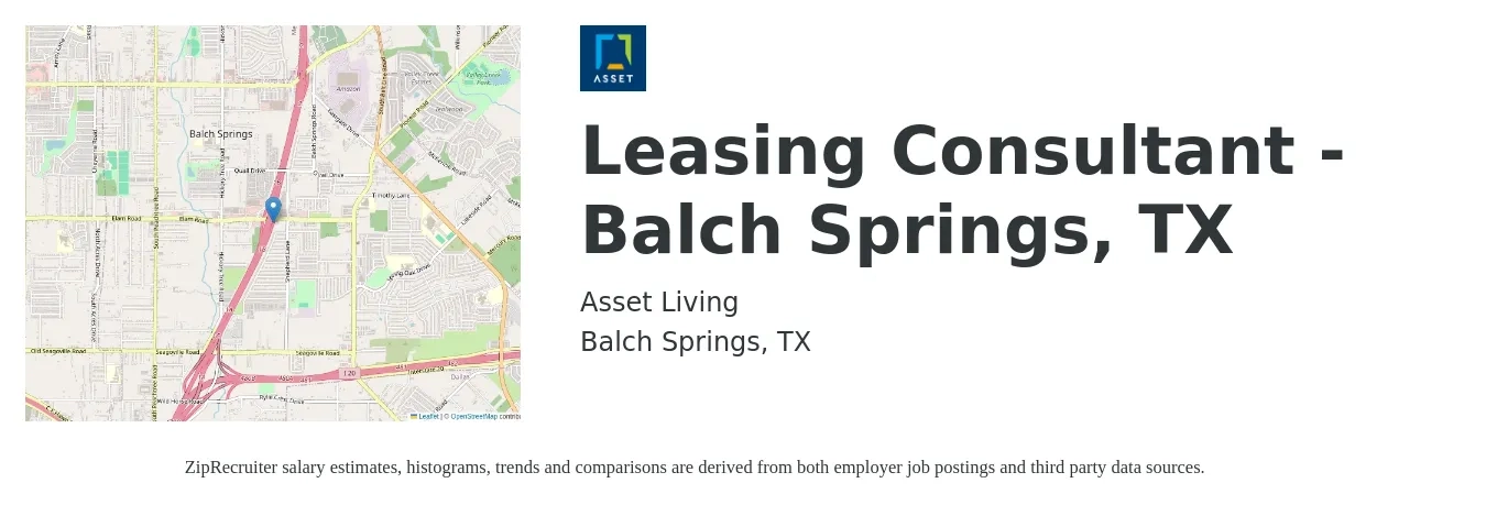 Asset Living job posting for a Leasing Consultant - Balch Springs, TX in Balch Springs, TX with a salary of $14 to $17 Hourly with a map of Balch Springs location.