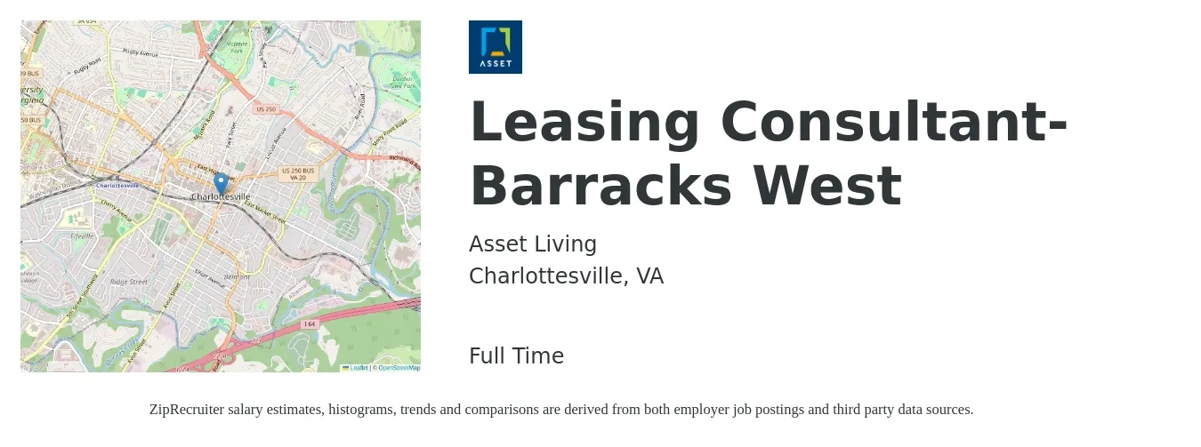 Asset Living job posting for a Leasing Consultant-Barracks West in Charlottesville, VA with a salary of $16 to $19 Hourly with a map of Charlottesville location.