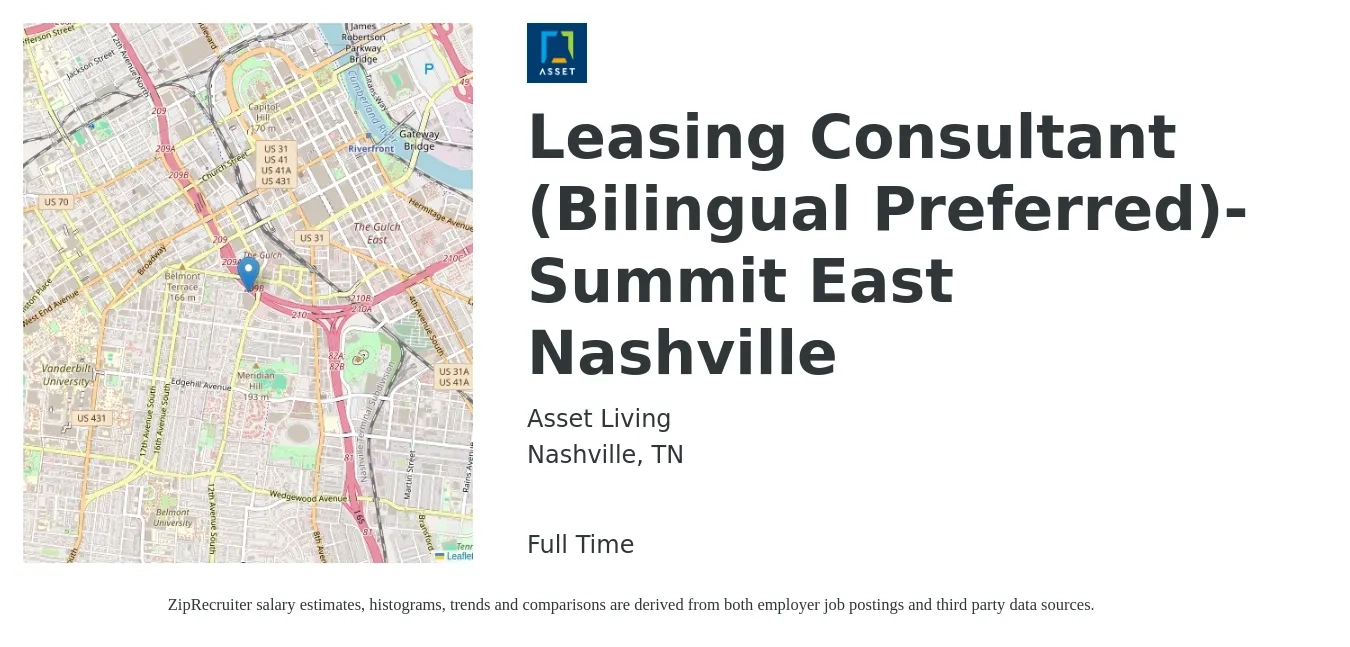 Asset Living job posting for a Leasing Consultant (Bilingual Preferred)- Summit East Nashville in Nashville, TN with a salary of $16 to $19 Hourly with a map of Nashville location.