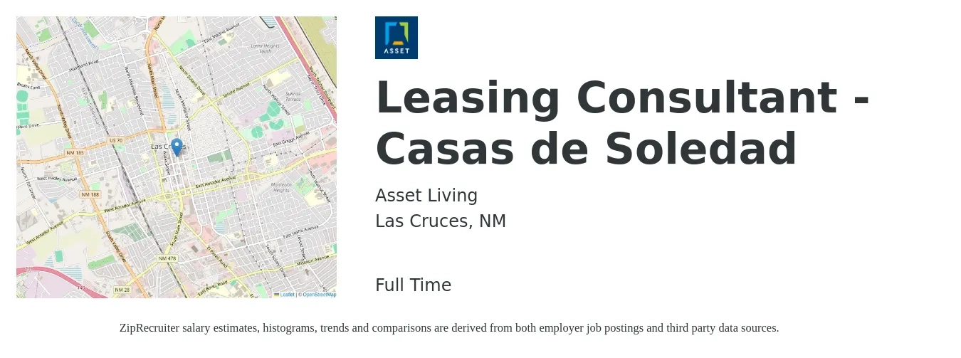 Asset Living job posting for a Leasing Consultant - Casas de Soledad in Las Cruces, NM with a salary of $16 to $19 Hourly with a map of Las Cruces location.