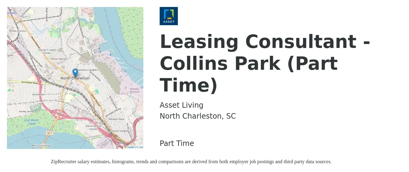 Asset Living job posting for a Leasing Consultant - Collins Park (Part Time) in North Charleston, SC with a salary of $16 to $18 Hourly with a map of North Charleston location.