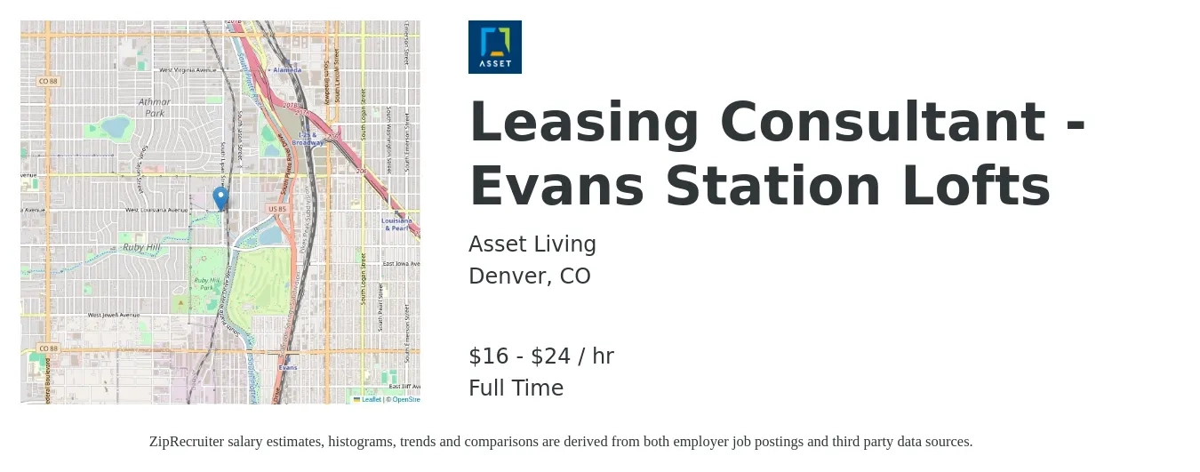 Asset Living job posting for a Leasing Consultant - Evans Station Lofts in Denver, CO with a salary of $17 to $25 Hourly with a map of Denver location.