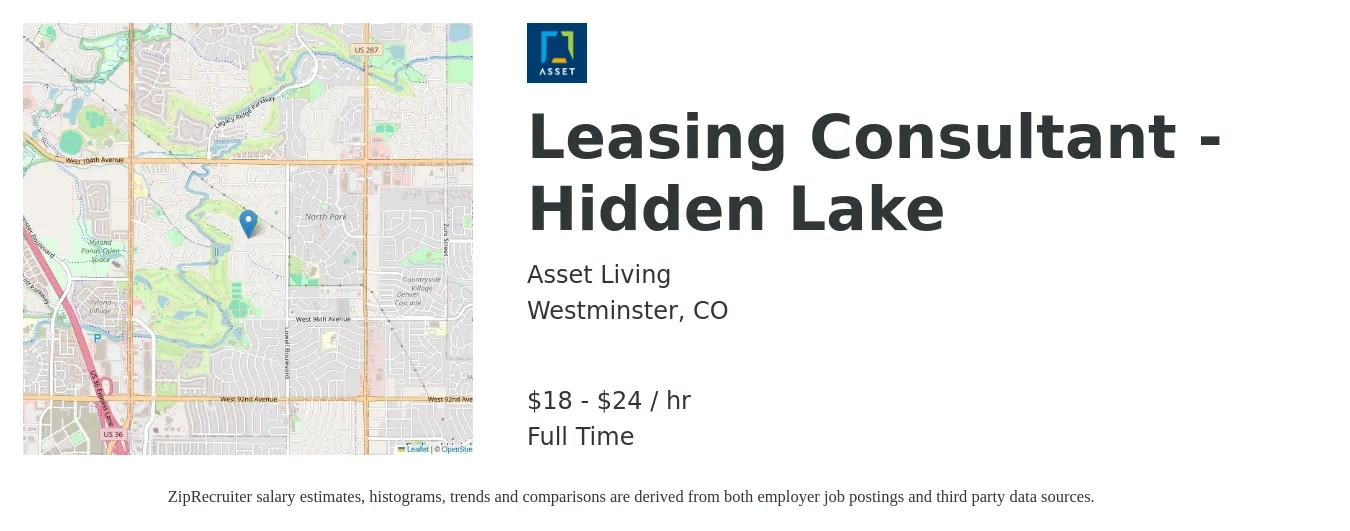 Asset Living job posting for a Leasing Consultant - Hidden Lake in Westminster, CO with a salary of $19 to $25 Hourly with a map of Westminster location.