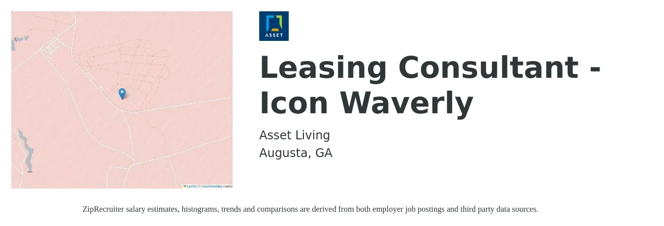 Asset Living job posting for a Leasing Consultant - Icon Waverly in Augusta, GA with a salary of $16 to $18 Hourly with a map of Augusta location.