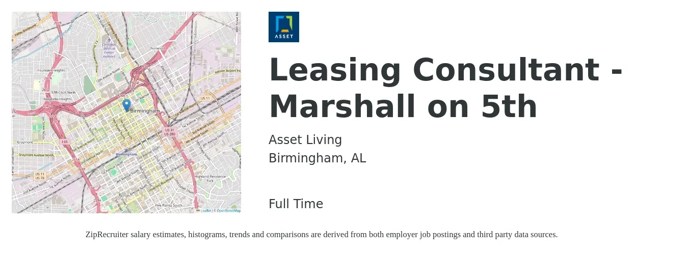 Asset Living job posting for a Leasing Consultant - Marshall on 5th in Birmingham, AL with a salary of $16 to $18 Hourly with a map of Birmingham location.
