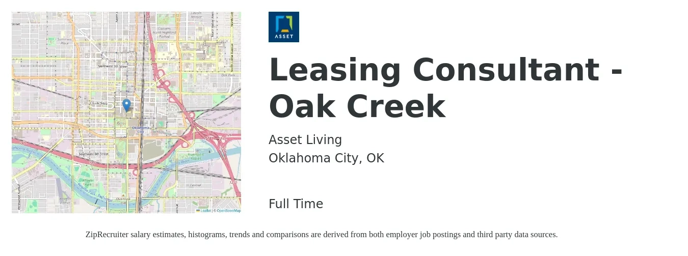 Asset Living job posting for a Leasing Consultant - Oak Creek in Oklahoma City, OK with a salary of $15 to $18 Hourly with a map of Oklahoma City location.