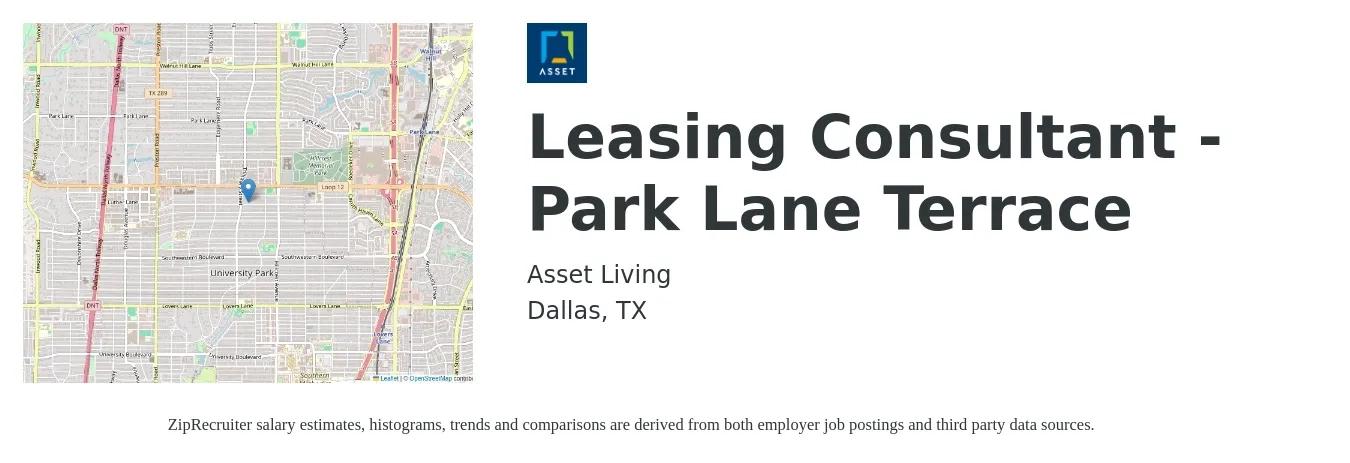 Asset Living job posting for a Leasing Consultant - Park Lane Terrace in Dallas, TX with a salary of $16 to $19 Hourly with a map of Dallas location.